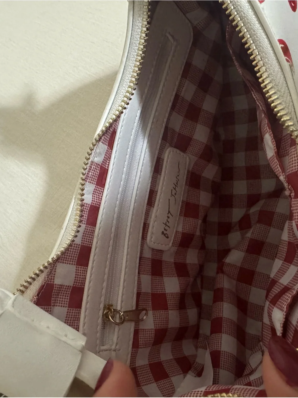 XOXO White Cherry-Print Shoulder Bag with Red Pom Charm